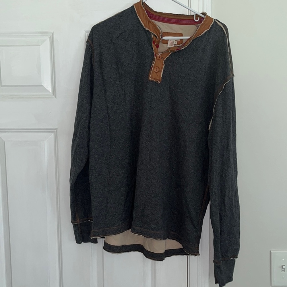 Gray and khaki long sleeved shirt with buttons. Size: Large. (NEVER BEEN WORN)